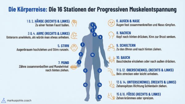 Körperreise: 16 Stationen der Progressiven Muskelentspannung für Stressabbau.