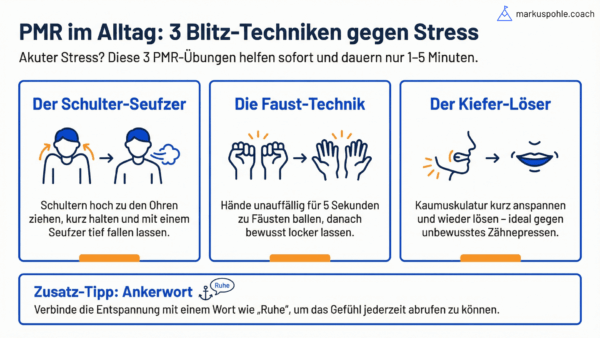 PMR-Übungen: 3 Blitz-Techniken gegen Stress – Schulter-Seufzer, Faust-Technik, Kiefer-Löser. Ankerwort: Ruhe.