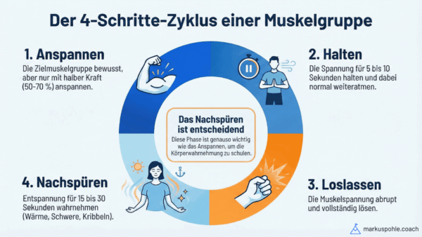 Der 4-Schritte-Zyklus einer Muskelgruppe: Anspannen, Halten, Loslassen, Nachspüren zur Muskelentspannung.
