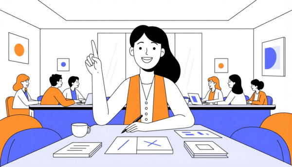 Frau leitet eine Teambesprechung, präsentiert Ideen, Brainstorming