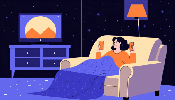 Frau entspannt sich auf der Couch unter einer Decke, telefoniert und sieht fern. Netflix und Gehirngesundheit.