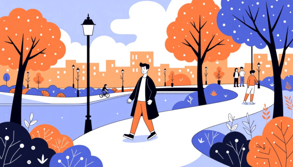 Mann schlendert durch herbstlichen Parkweg, im Hintergrund unterhalten sich Radfahrer und Leute.