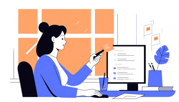 Frau, die am Computer arbeitet, Aufgaben und Notizen verwaltet. Stress- und Karrierecoaching-Konzept.