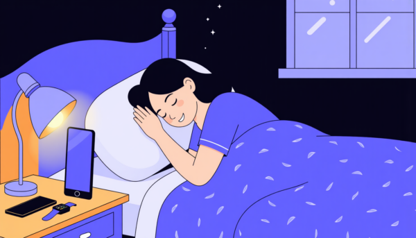 Frau schläft tief und fest im Bett, Telefon und Smartwatch auf dem Nachttisch