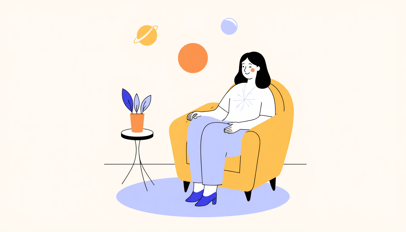 Frau entspannt sich im Sessel und macht einen Stresskompetenztest.