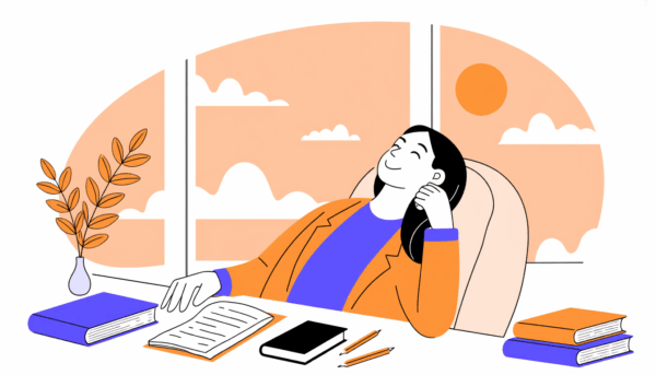 Entspannte Frau am Schreibtisch mit Büchern und Papieren, die über chronische Stressresistenz nachdenkt