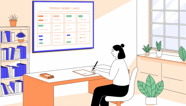 Frau arbeitet am Schreibtisch und überprüft den Projektplan auf dem Whiteboard. PROEDAF-REMBET – 2M122