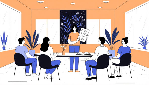 Teambesprechung: Frau präsentiert Kollegen an einem Tisch eine Checkliste.