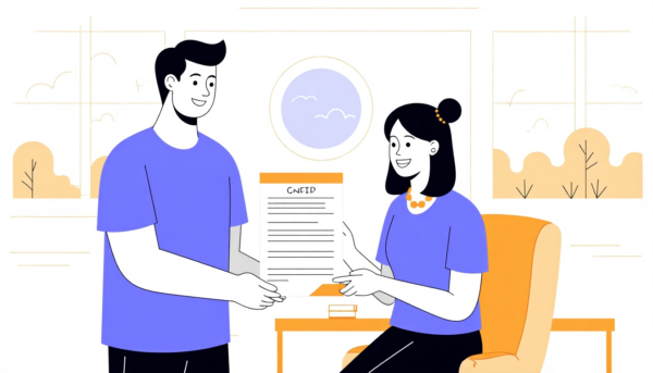 Zwei Personen prüfen ein CNID-Dokument. Eine Person übergibt das Dokument der anderen.