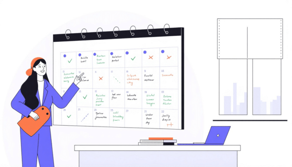 Frau plant ihre Woche anhand eines großen Kalenders und übt Techniken zur Stressreduzierung bei der Arbeit.