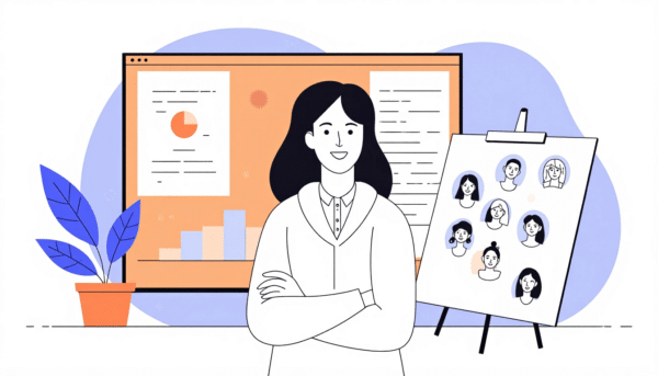 Selbstbewusste Geschäftsfrau präsentiert Teamleistungsdaten und Mitarbeiterprofile.