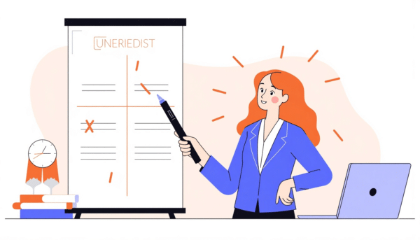 Frau präsentiert einen Projektplan und reduziert so den Stress am Arbeitsplatz.