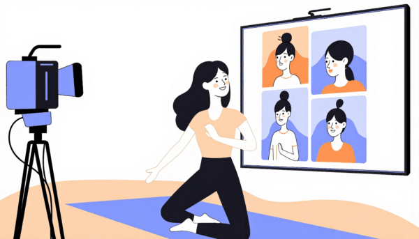 Frau leitet Online-Yoga-Kurs, auf dem Bildschirm wird sie mit Teilnehmern gezeigt.