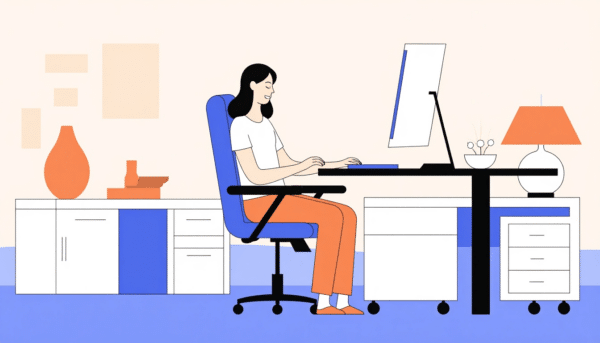 Frau arbeitet zu Hause am Schreibtisch am Computer