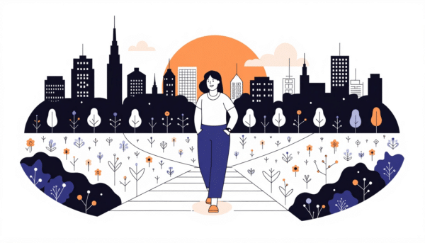 Frau geht im Park in Richtung Skyline der Stadt und übt Techniken zur Stressreduzierung.