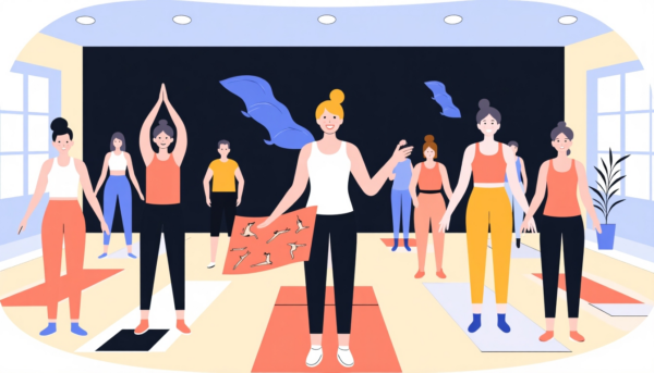 Yogalehrerin mit Unterricht, zeigt Yoga-Posen. Präventionskurs.