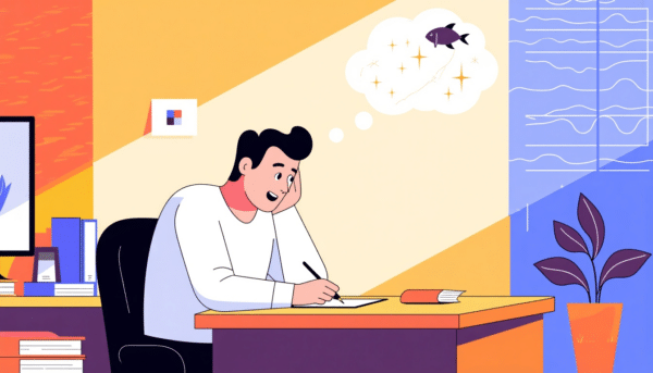 Mann tagträumend am Schreibtisch, macht sich Notizen, denkt an einen Fisch.