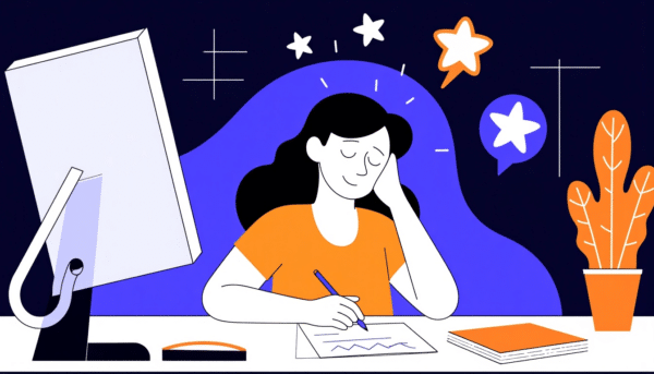 Frau entspannt sich an ihrem Schreibtisch und übt Techniken zur Stressreduzierung bei der Arbeit.