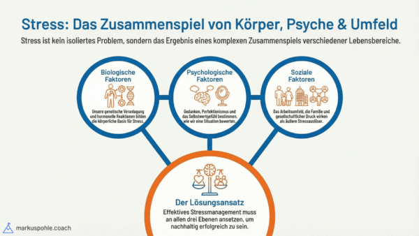 Stress: Zusammenspiel von Körper, Psyche & Umfeld. Biologische, psychologische & soziale Faktoren als Stressauslöser.