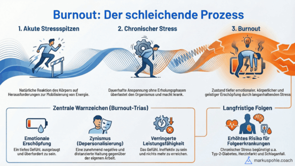 Burnout-Prozess: Akute Stressspitzen, chronischer Stress, Burnout. Warnzeichen und langfristige Folgen dargestellt.