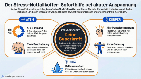 Stress-Notfallkoffer: Atemübungen, Muskelentspannung, Kaltwasserreiz zur Soforthilfe bei Anspannung.