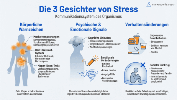 Die 3 Gesichter von Stress: Körperliche, psychische und Verhaltensänderungen.