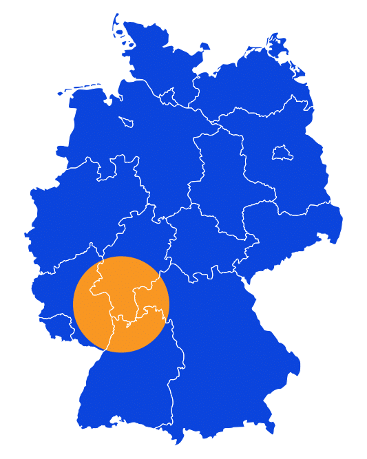 Deutschlandkarte mit Schwerpunkt Darmstadt. B2B-Angebote.