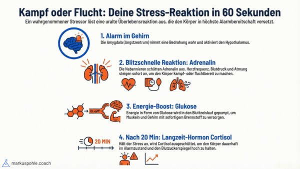Stressreaktion: Kampf oder Flucht in 60 Sekunden. Alarm, Adrenalin, Glukose, Cortisol.