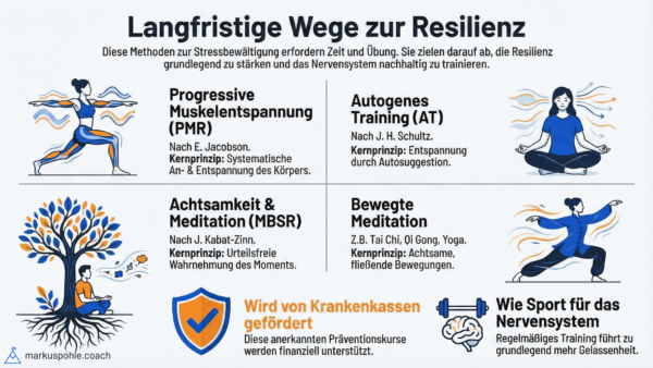 Langfristige Wege zur Resilienz: Progressive Muskelentspannung, Autogenes Training, Meditation, Sport für Nervensystem.