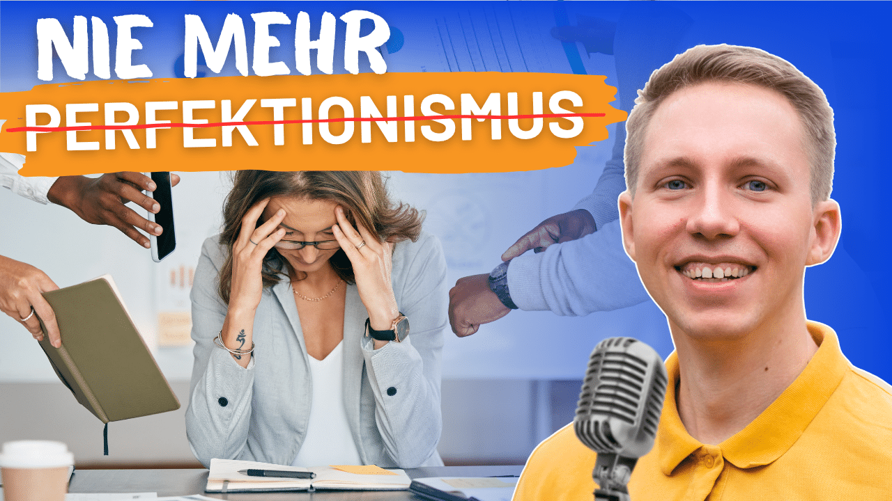 Gestresste Geschäftsfrau, überfordert von der Arbeit, Titel „Nie mehr Perfektionismus“ überlagert. Konzeptbild für Resilienz und Überwindung von Perfektionismus.