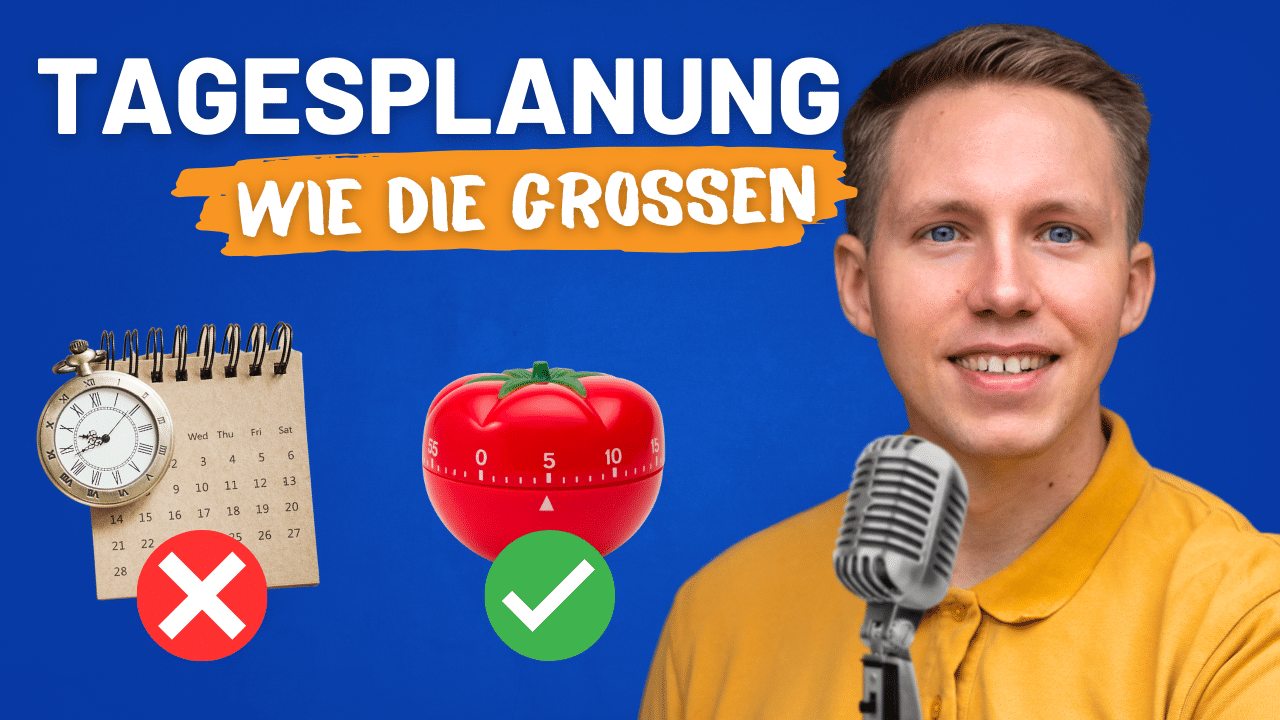 Mann erklärt Tagesplanung mit Timer und Kalender; Schlagzeile „Tagesplanung wie die Großen“.