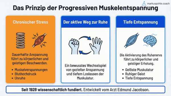 Infografik zur Veranschaulichung der Prinzipien und Vorteile der progressiven Muskelentspannung