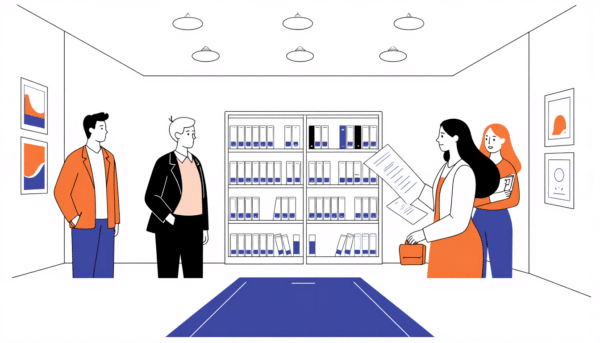 Zwei Männer und zwei Frauen treffen sich in einem Büro und prüfen Dokumente in der Nähe eines Aktenschranks.