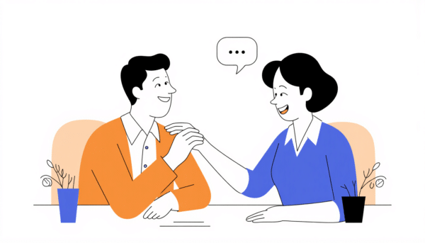 Zwei lächelnde Kollegen fassen zustimmend die Hände und signalisieren damit erfolgreiche Teamarbeit und Zusammenarbeit.