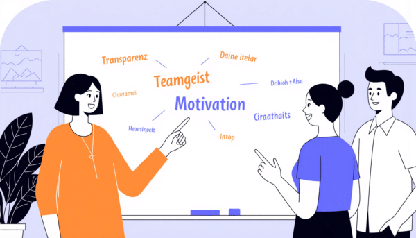 Team-Brainstorming von Motivationsstrategien auf dem Whiteboard; Zu den Wörtern gehören „Teamgeist“, „Motivation“, „Transparenz“.