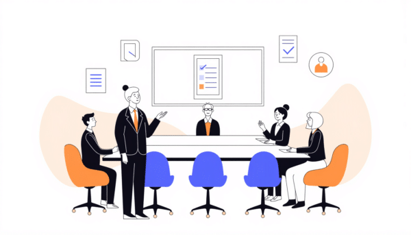 Ein Geschäftsteam berät sich um einen Tisch und überprüft eine Checkliste auf einem Bildschirm.