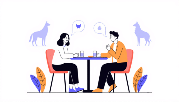 Mann und Frau genießen ein Treffen im Café und unterhalten sich über Haustiere.