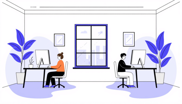 Zwei Personen halten beim Arbeiten am Computer in einem modernen Büro Abstand.