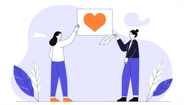 Zwei Frauen arbeiten zusammen, eine hält ein herzförmiges Schild, die andere überprüft Dokumente.