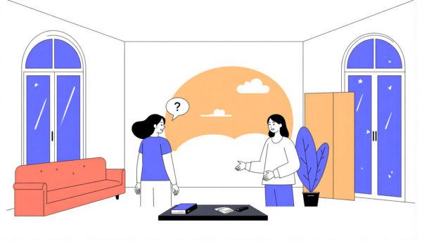 Zwei Frauen unterhalten sich in einem hellen Raum mit großen Fenstern und einem Sofa. Über dem Kopf einer Frau steht ein Fragezeichen.