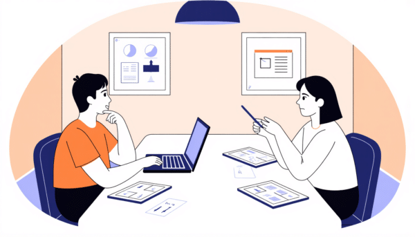 Zwei Kollegen arbeiten gemeinsam an einem Projekt, prüfen Dokumente und verwenden einen Laptop.