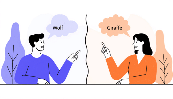 Mann und Frau diskutieren über Wolf und Giraffe und zeigen auf Sprechblasen.