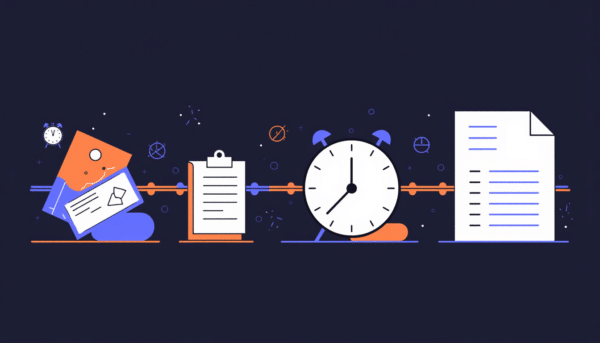 Die Deadline rückt näher: Checkliste, Uhr und Dokument veranschaulichen Zeitmanagement und Aufgabenerledigung.