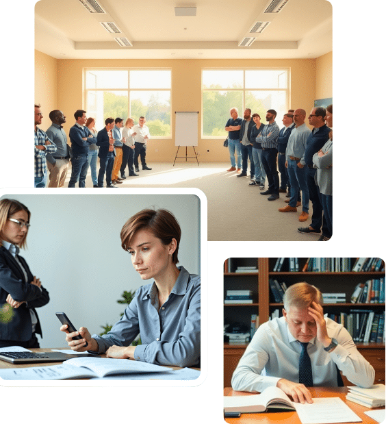 Drei unterschiedliche Geschäftsszenarien: eine Teambesprechung, eine Frau checkt ihr Telefon und ein Mann prüft Dokumente. Belastbarkeit am Arbeitsplatz demonstrieren.