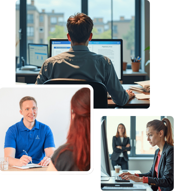 Drei Fachleute arbeiten an Computern und führen eine Standortbestimmung durch.