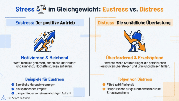 Eustress vs. Distress: Grafik erklärt positiven Antrieb und schädliche Überlastung durch Stress.