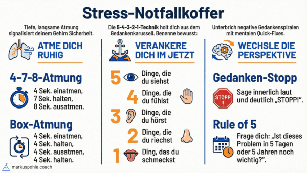 Stress-Notfallkoffer: Atemübungen (4-7-8, Box-Atmung), 5-4-3-2-1 Technik, Perspektivenwechsel, Gedankenstopp, Rule of 5.