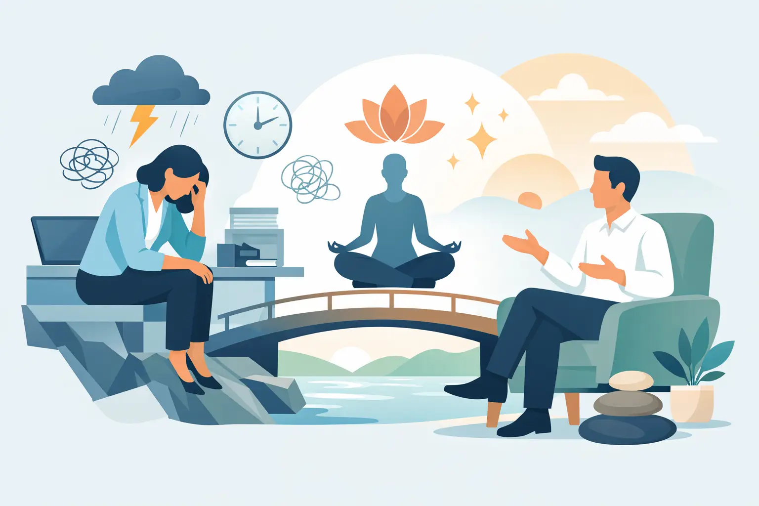 Stressmanagement Coaching: Frau in Therapie, Mann im Gespräch, Meditation