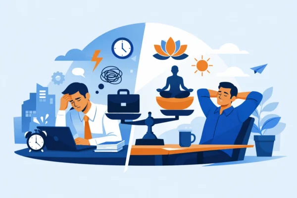 Stressmanagement im Arbeitsalltag: Gestresster Mann vs. entspannter Mann