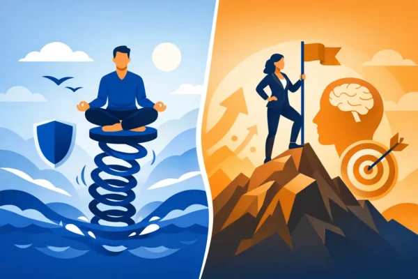 Unterschied: Resilienz (Mann meditiert auf Feder über Wasser) und mentale Stärke (Frau auf Bergspitze)
